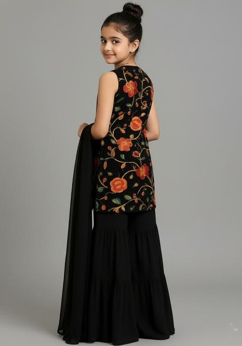 Girls Black Embroidered Crepe Sharara Set