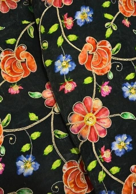 Girls Black Embroidered Crepe Sharara Set