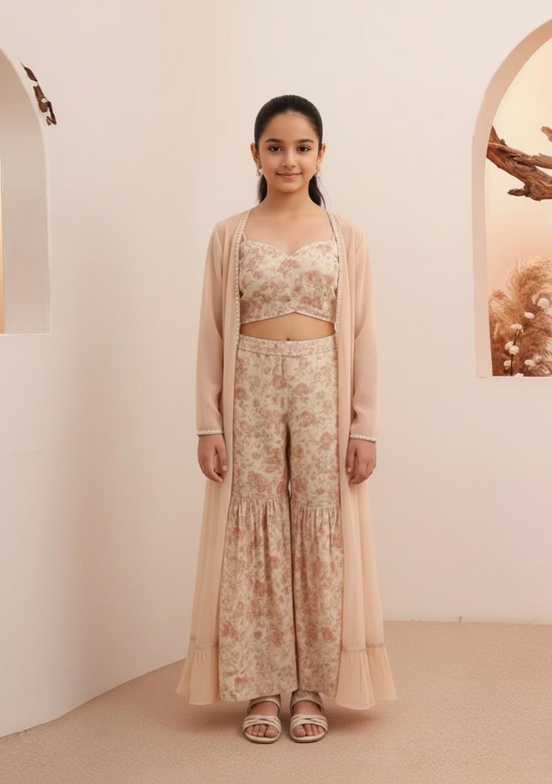 Girls Pink Floral Print Organza Kurta Set - Indya