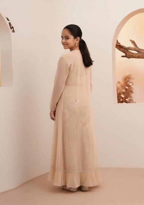 Girls Pink Floral Print Organza Kurta Set