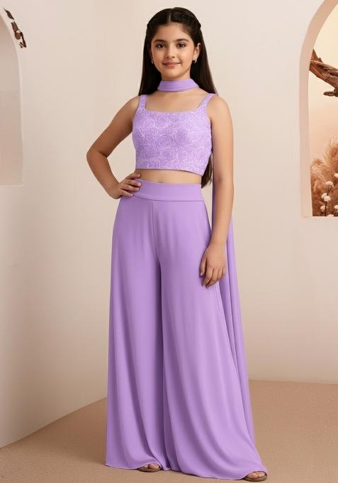 Girls Pink Embroidered Georgette Fusion Set