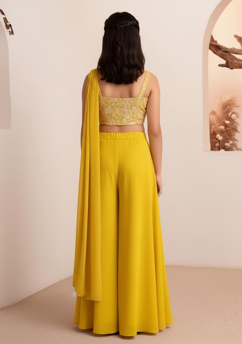 Girls Yellow Embroidered Georgette Kurta Set - Indya