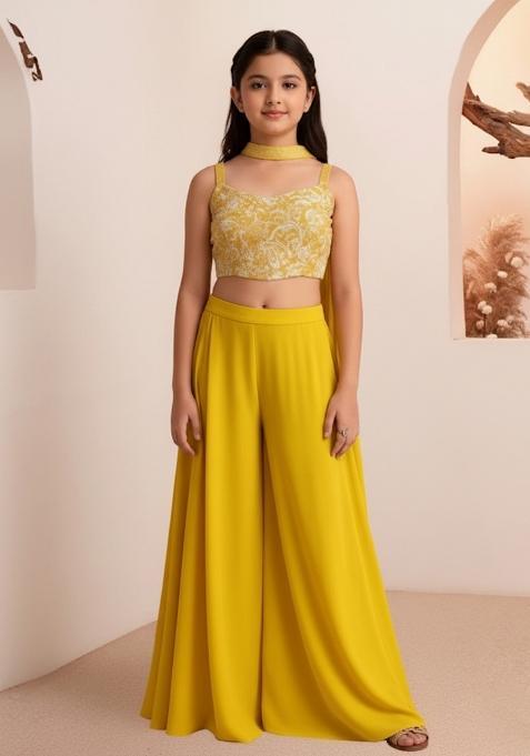 Girls Yellow Embroidered Georgette Kurta Set