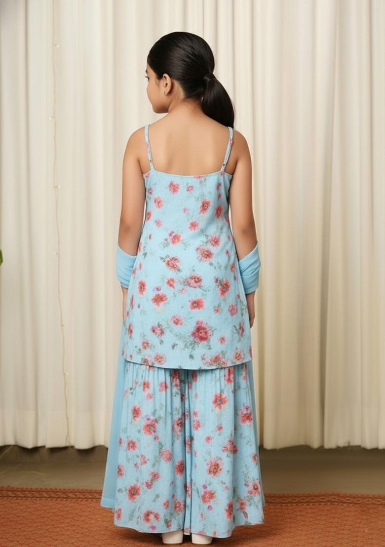 Girls Blue Floral Print Satin Fusion Set - Indya