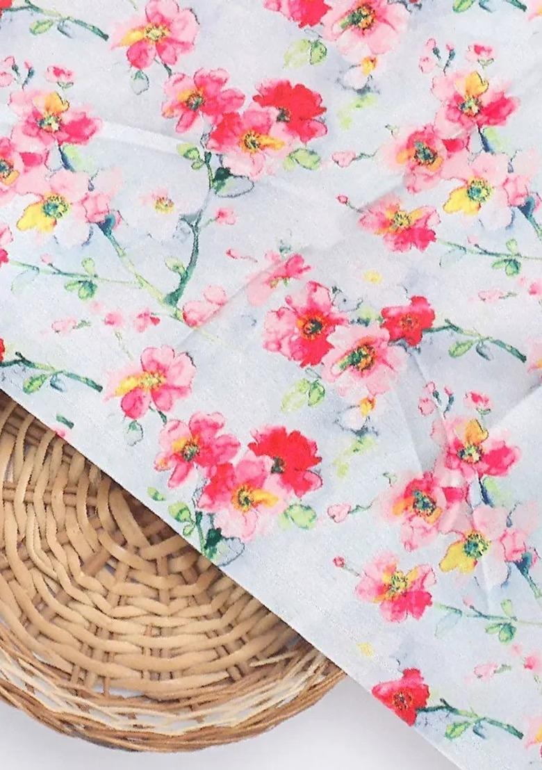 Girls Blue Floral Print Satin Fusion Set - Indya