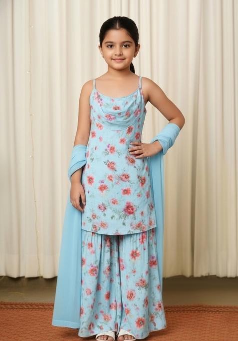 Girls Blue Floral Print Satin Fusion Set