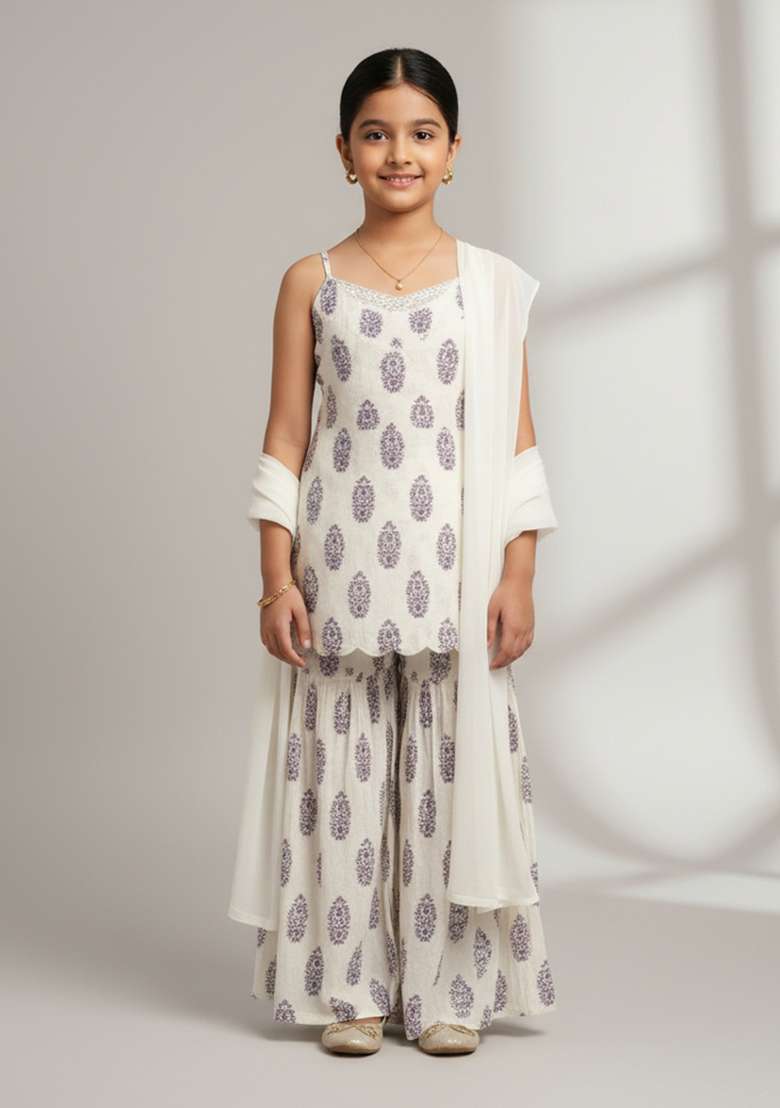 Girls White Floral Print Satin Fusion Set - Indya