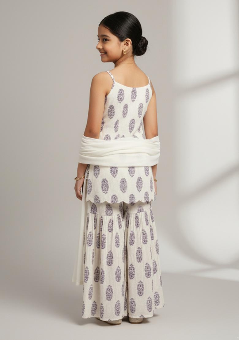 Girls White Floral Print Satin Fusion Set - Indya