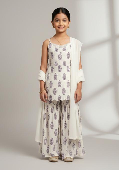 Girls White Floral Print Satin Fusion Set