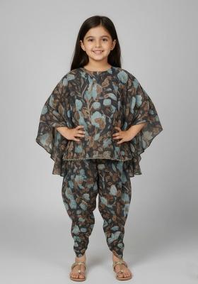 Girls Black Floral Print Georgette Fusion Set