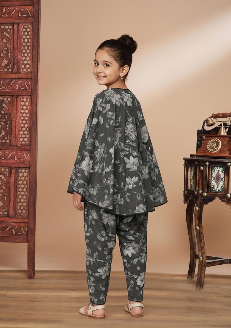 Girls Black Floral Print Georgette Fusion Set - Indya