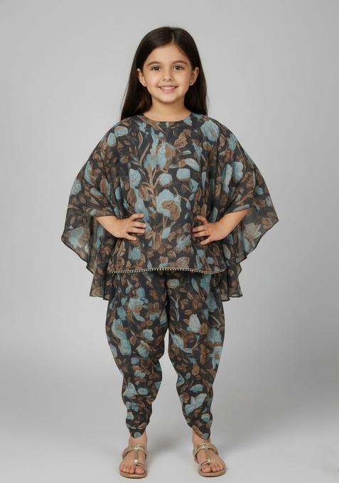 Girls Black Floral Print Georgette Fusion Set