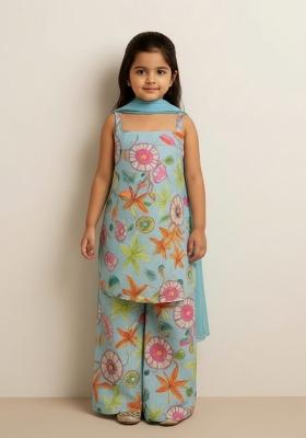 Girls Blue Floral Print Chinon Kurta Set