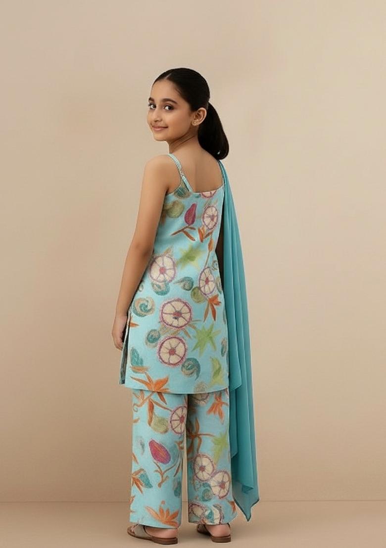 Girls Blue Floral Print Chinon Kurta Set - Indya