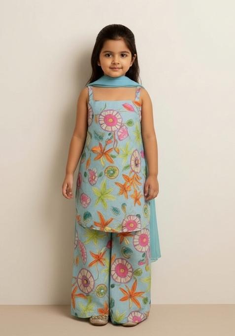 Girls Blue Floral Print Chinon Kurta Set
