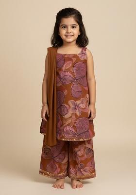 Girls Blue Abstract Print Chinon Kurta Set