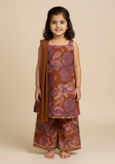 Girls Blue Abstract Print Chinon Kurta Set