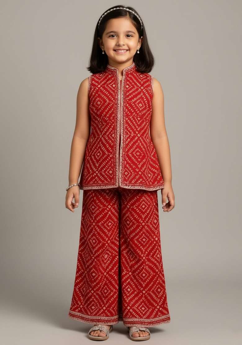 Girls Red Bandhani Print Crepe Kurta Set - Indya
