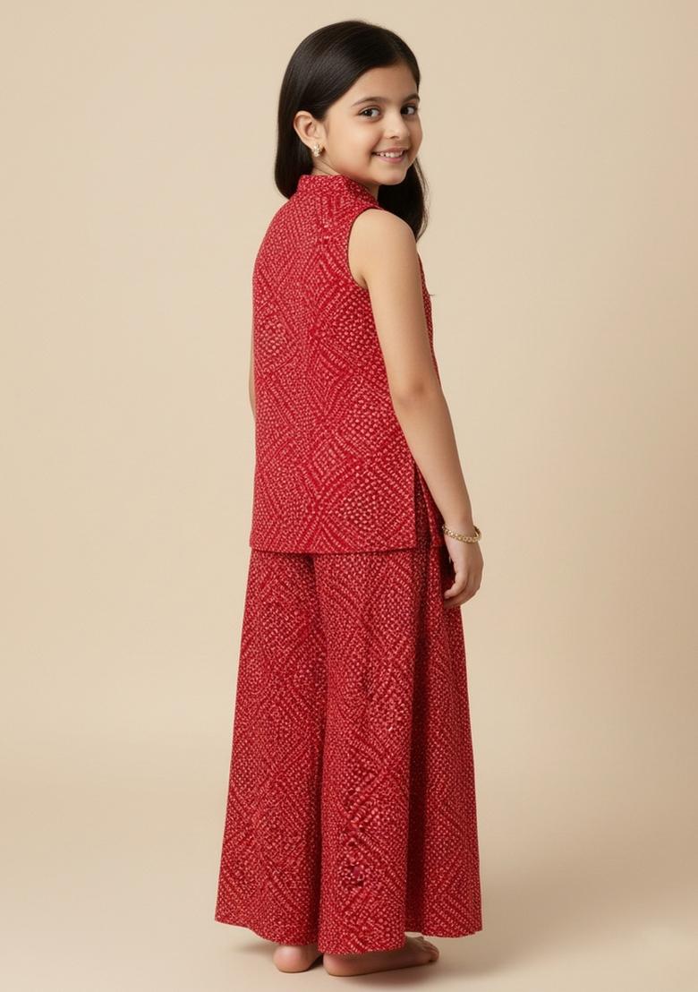 Girls Red Bandhani Print Crepe Kurta Set - Indya