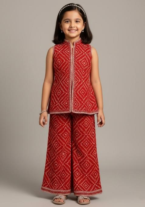Girls Red Bandhani Print Crepe Kurta Set