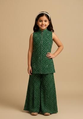Girls Green Bandhani Print Crepe Kurta Set