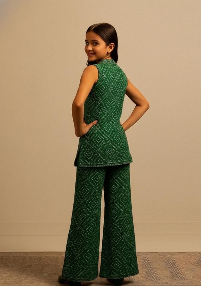 Girls Green Bandhani Print Crepe Kurta Set - Indya