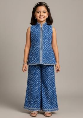 Girls Blue Bandhani Print Crepe Kurta Set