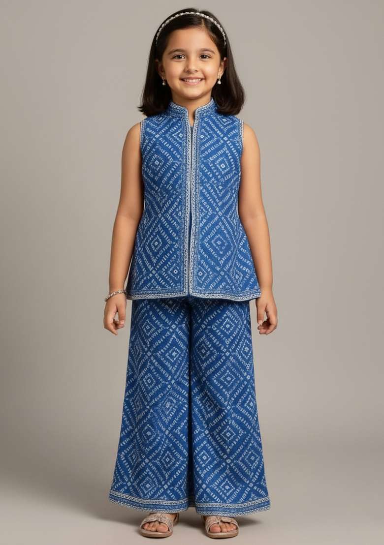 Girls Blue Bandhani Print Crepe Kurta Set - Indya