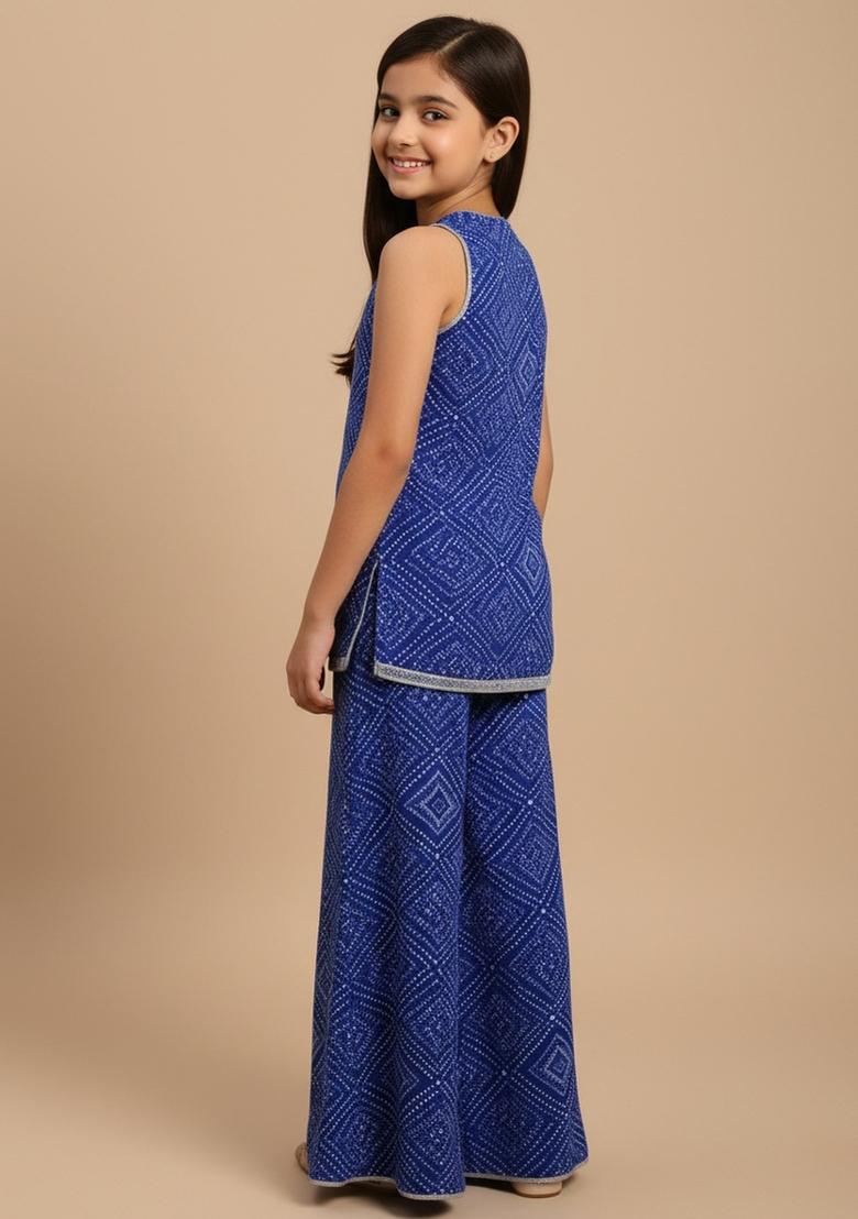 Girls Blue Bandhani Print Crepe Kurta Set - Indya