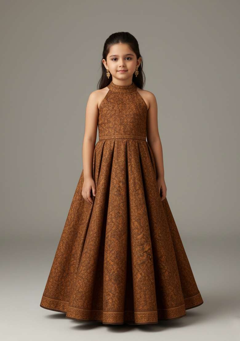 Girls Rust Brown Embroidered Net Fusion Set - Indya
