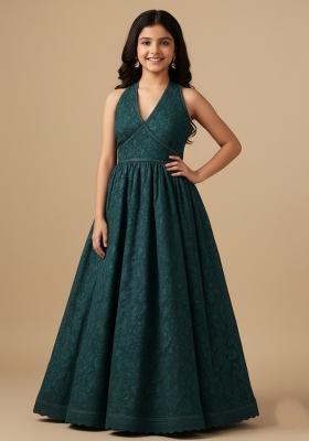 Girls Dark Blue Embroidered Net Fusion Set