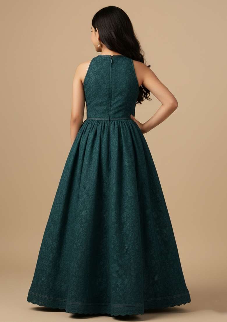 Girls Dark Blue Embroidered Net Fusion Set - Indya