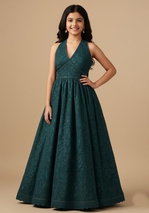 Girls Dark Blue Embroidered Net Fusion Set