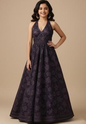 Girls Purple Embroidered Net Fusion Set