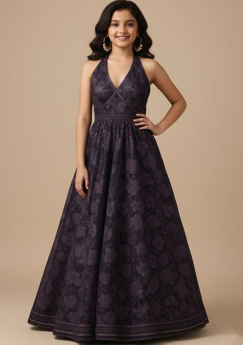 Girls Purple Embroidered Net Fusion Set - Indya