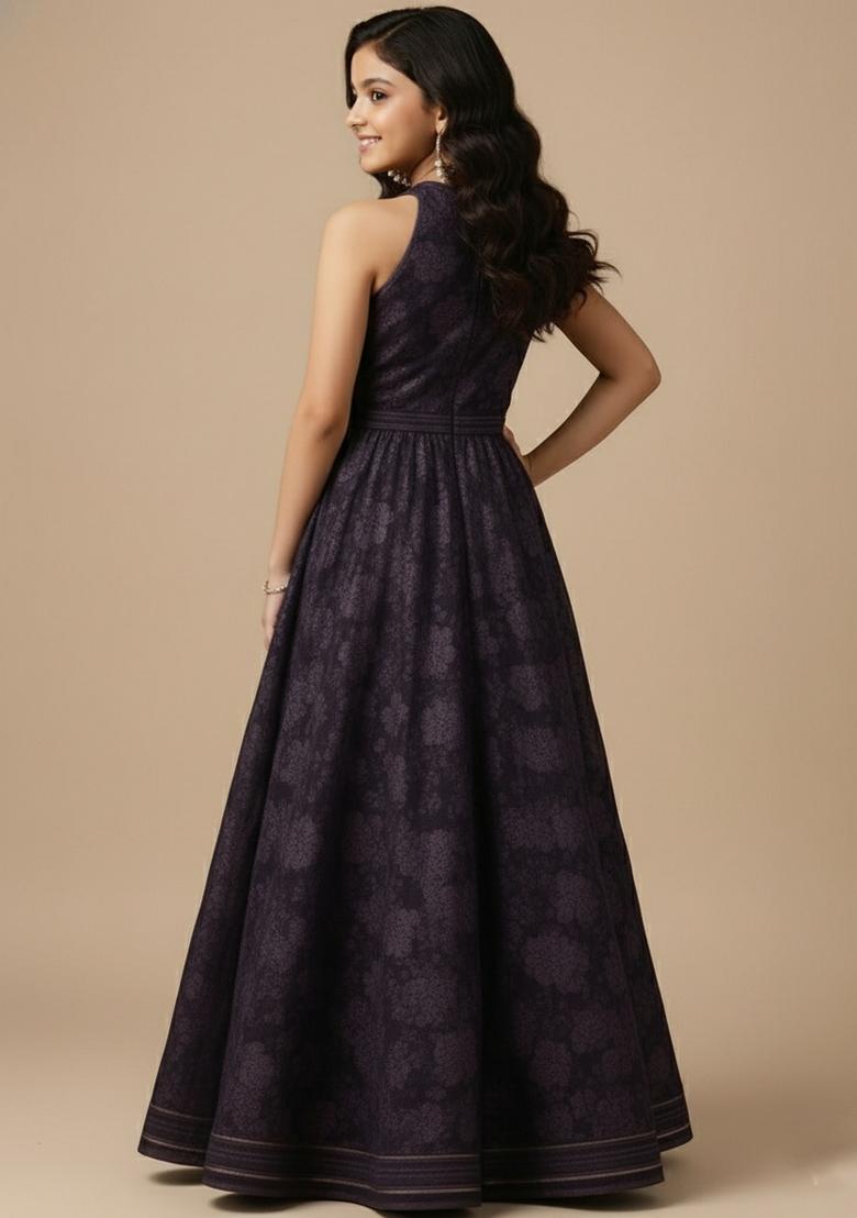 Girls Purple Embroidered Net Fusion Set - Indya