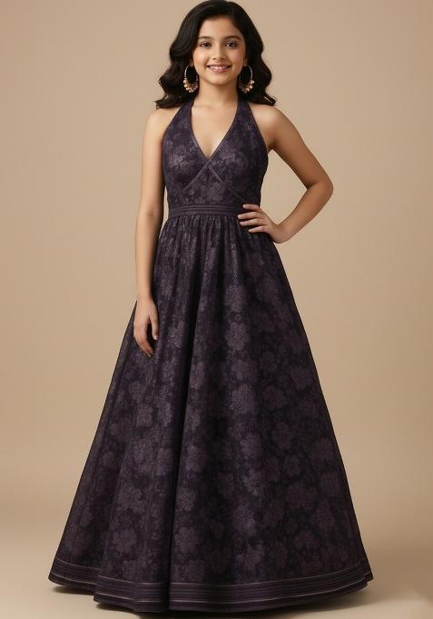 Girls Purple Embroidered Net Fusion Set