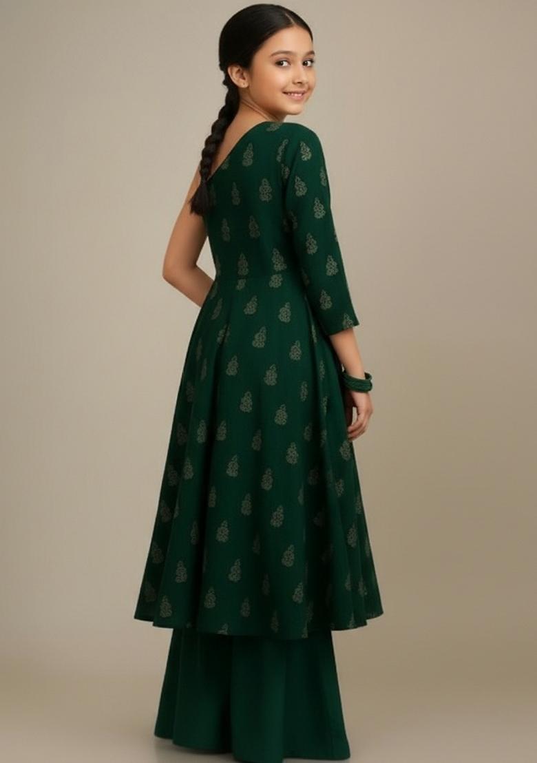 Girls Green Embroidered Silk Kurta Set - Indya