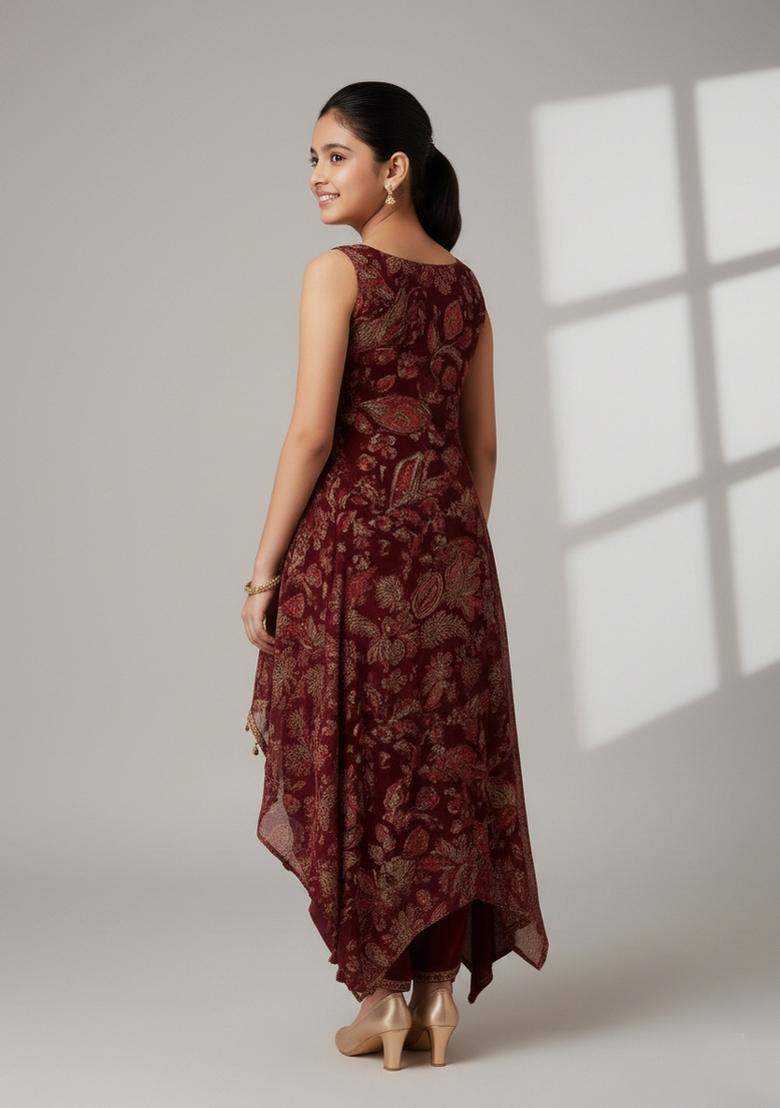 Girls Maroon Embroidered Crepe Fusion Set - Indya