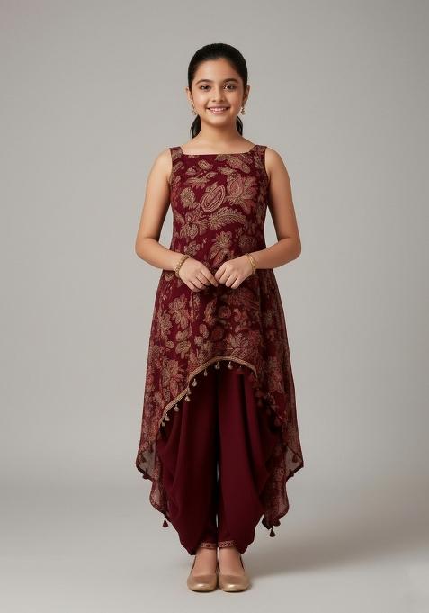 Girls Maroon Embroidered Crepe Fusion Set