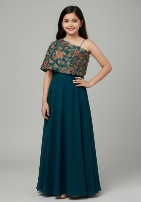 Girls Bottle Green Embroidered Georgette Sharara Set