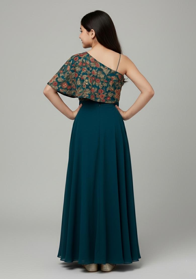 Girls Bottle Green Embroidered Georgette Sharara Set