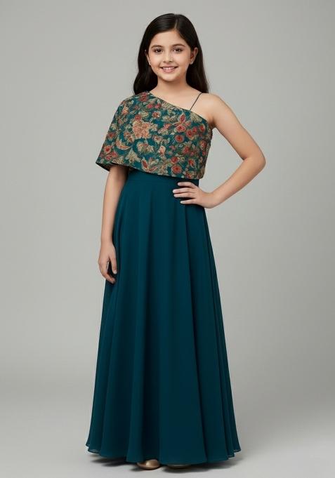 Girls Bottle Green Embroidered Georgette Sharara Set