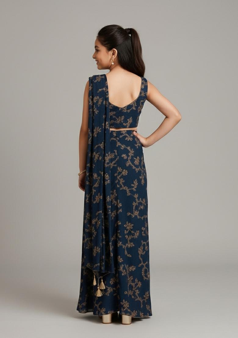 Girls Navy Blue Embroidered Georgette Sharara Set - Indya