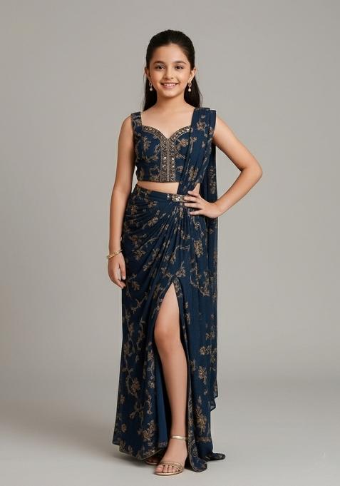 Girls Navy Blue Embroidered Georgette Sharara Set