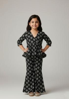 Girls Black Floral Print Cotton Fusion Set