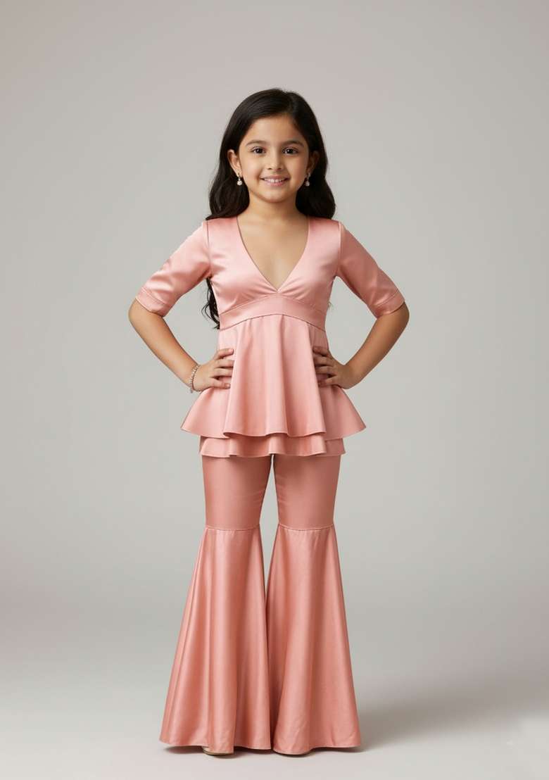 Girls Pink Solid Cotton Fusion Set - Indya