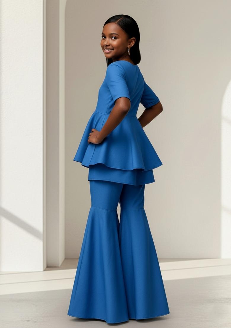 Girls Blue Solid Cotton Fusion Set - Indya