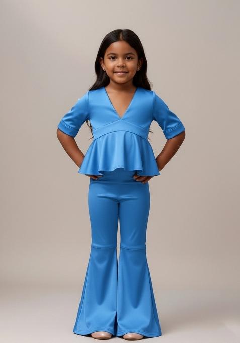Girls Blue Solid Cotton Fusion Set