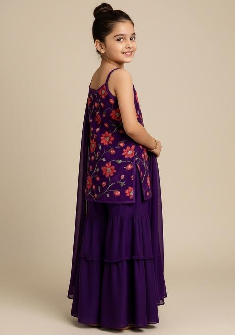 Girls Purple Floral Print Crepe Kurta Set
